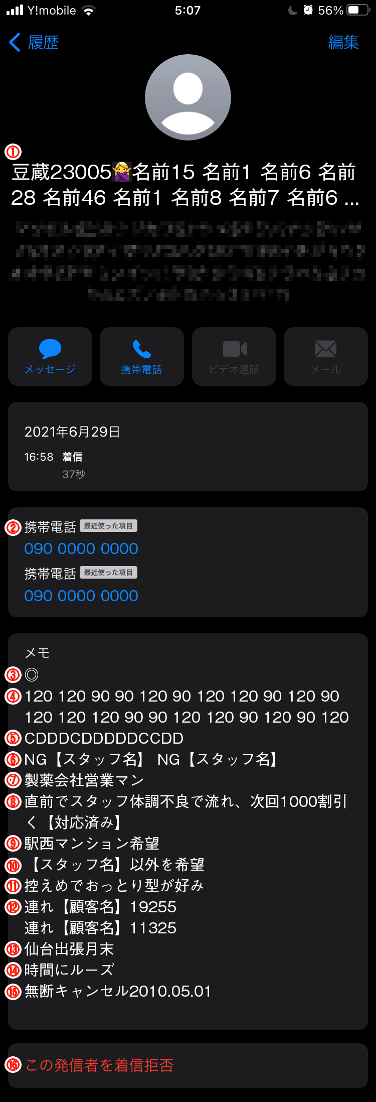 顧客情報の管理-携帯電話個別表示